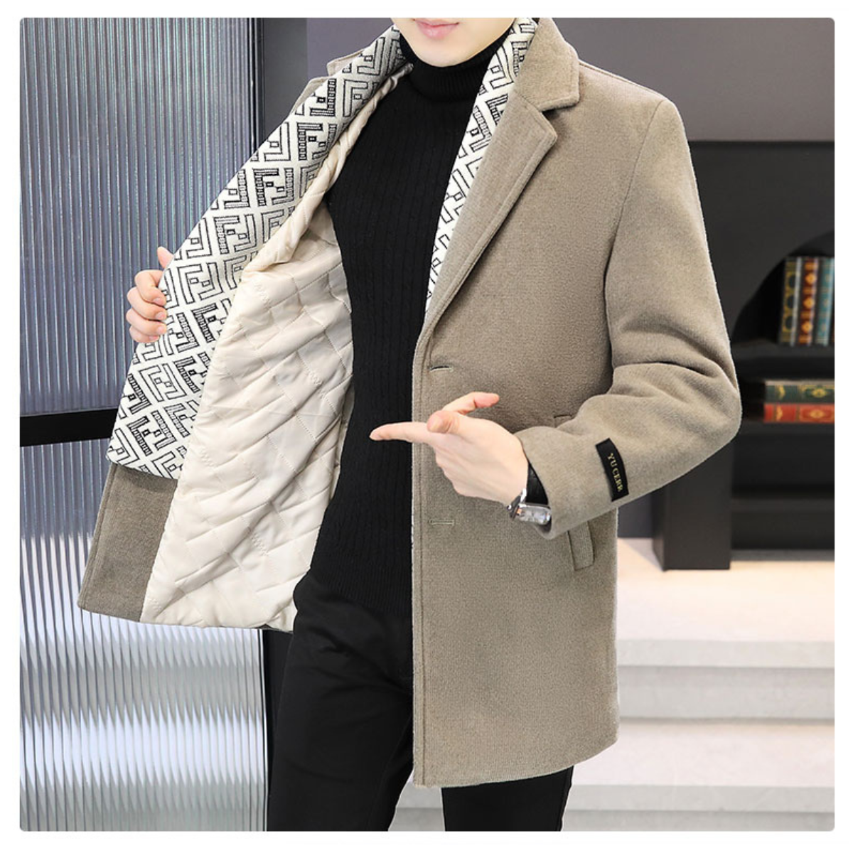 Men's Tweed Winter Jacket with Lapel, Lined with White Duck Down