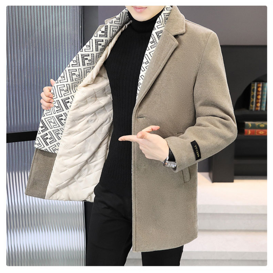 Men's Tweed Winter Jacket with Lapel, Lined with White Duck Down